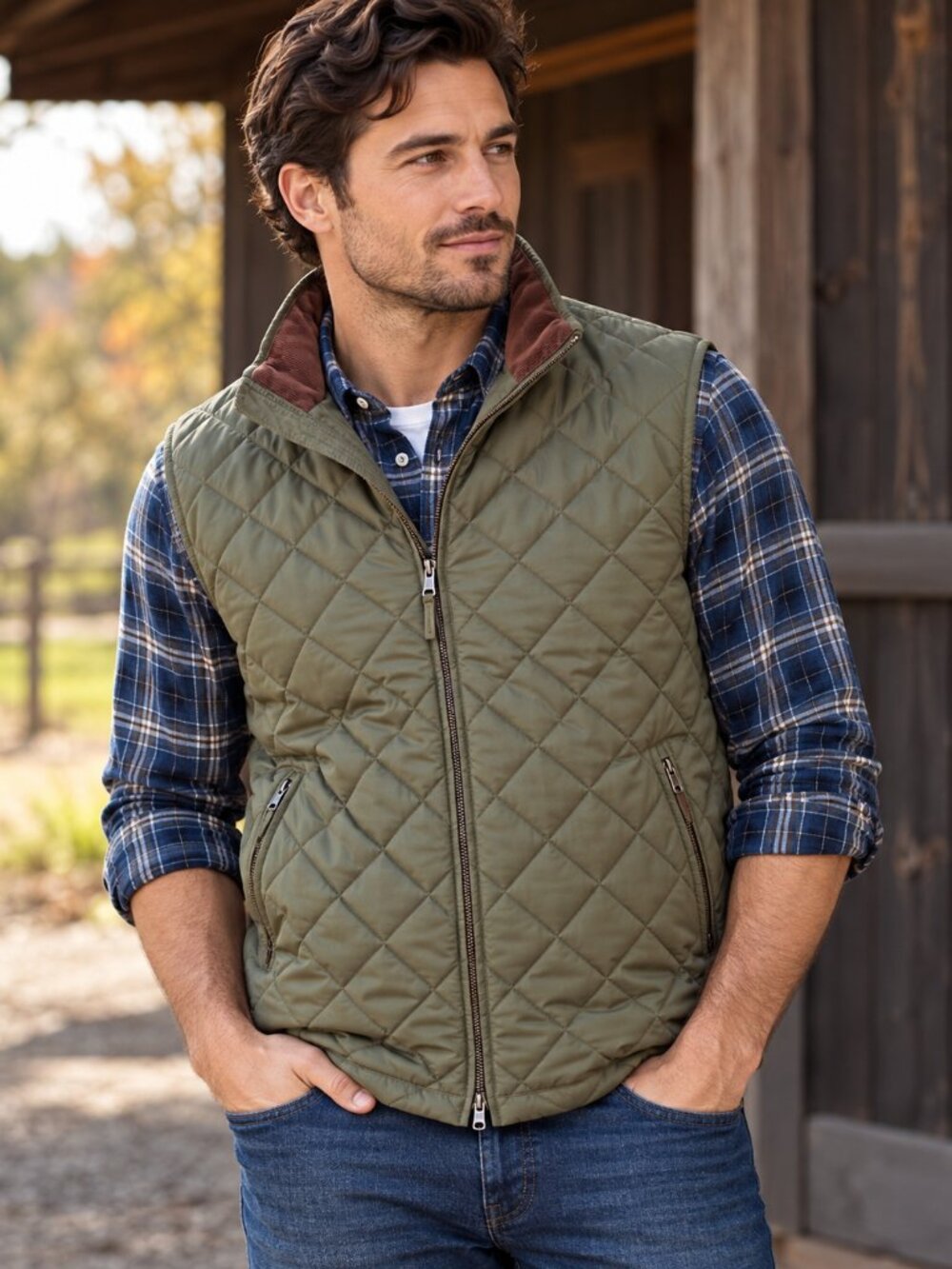 Brooks Brothers Men's Olive Quilted Vest L Corduroy Collar Liner